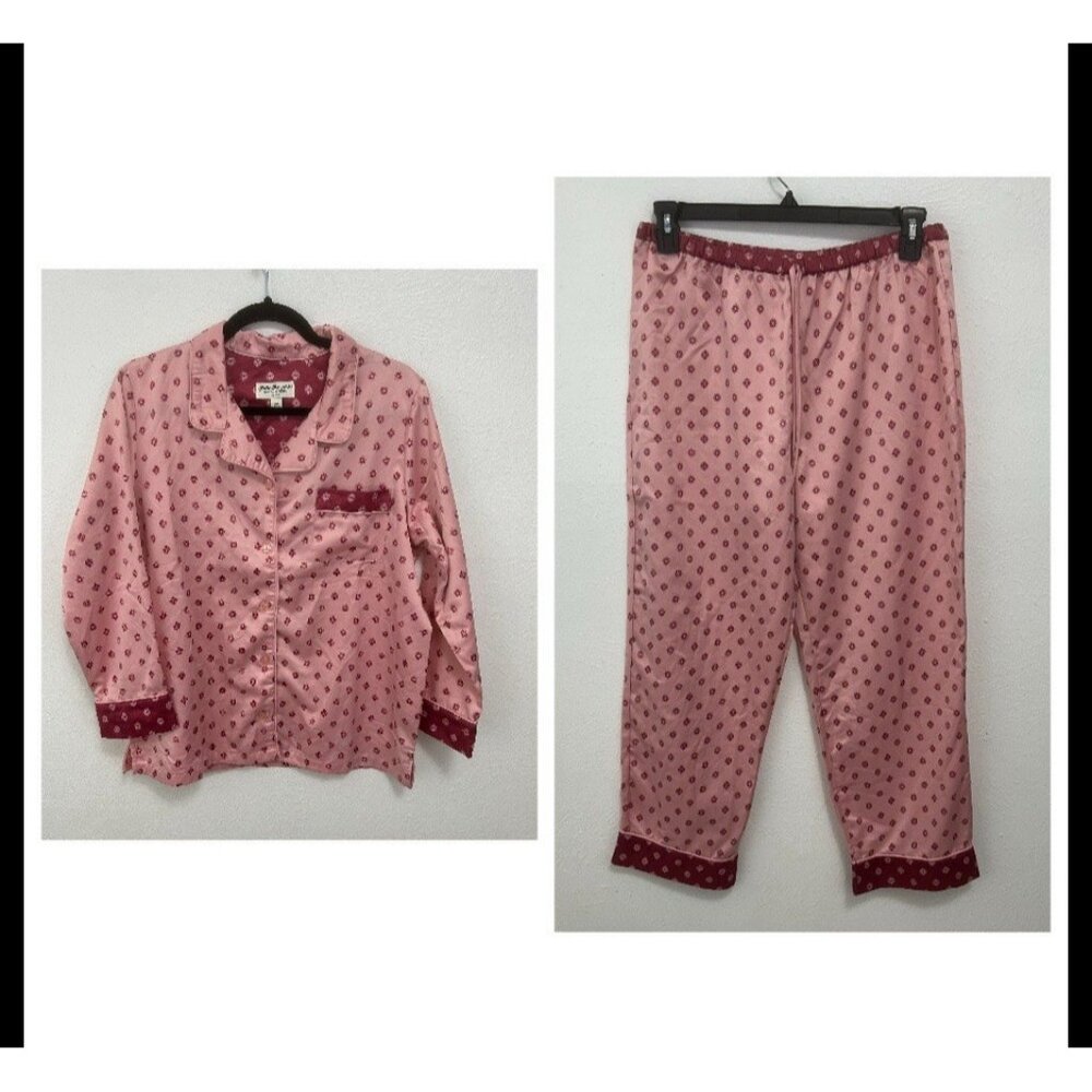 Vintage Norm Thompson Pink 2 Piece Pajama‎ Set Pink Floral Satiny Size MP Petite